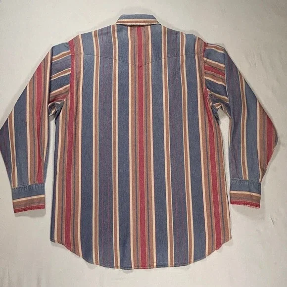 Wrangler Mens Western Brushpopper Shirt Striped Long Sleeve Pearl Snap VTG - Picture 5 of 9